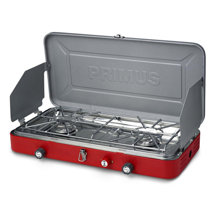 Primus Atle II bärbar campingspis med dubbla brännare med vindrutor och enkel propaninstallation för matlagning utomhus