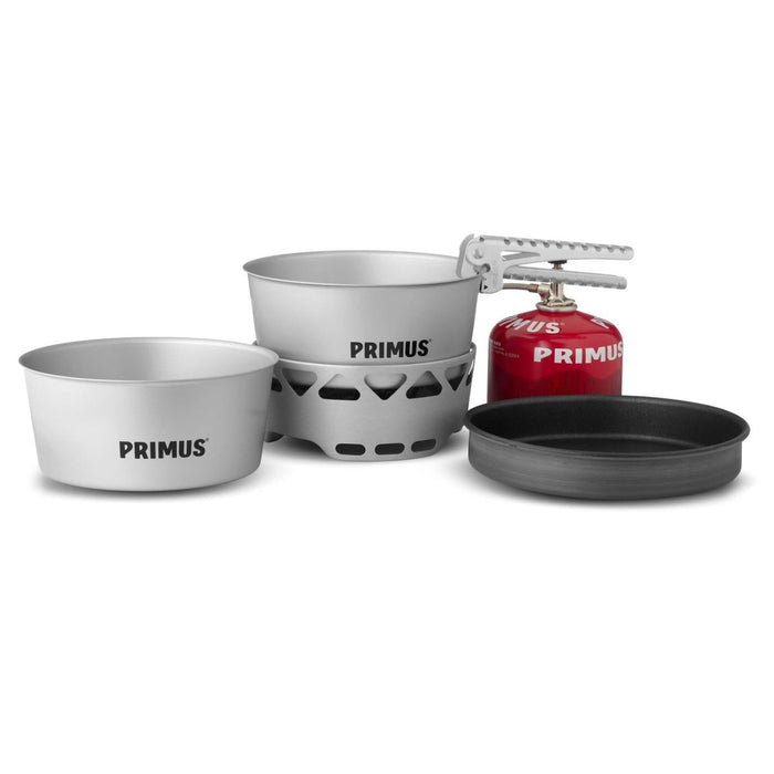 Primus Essential spisset med 2,3 liters gryta, panna och röd bränslebehållare för vandring och camping matlagning utomhus