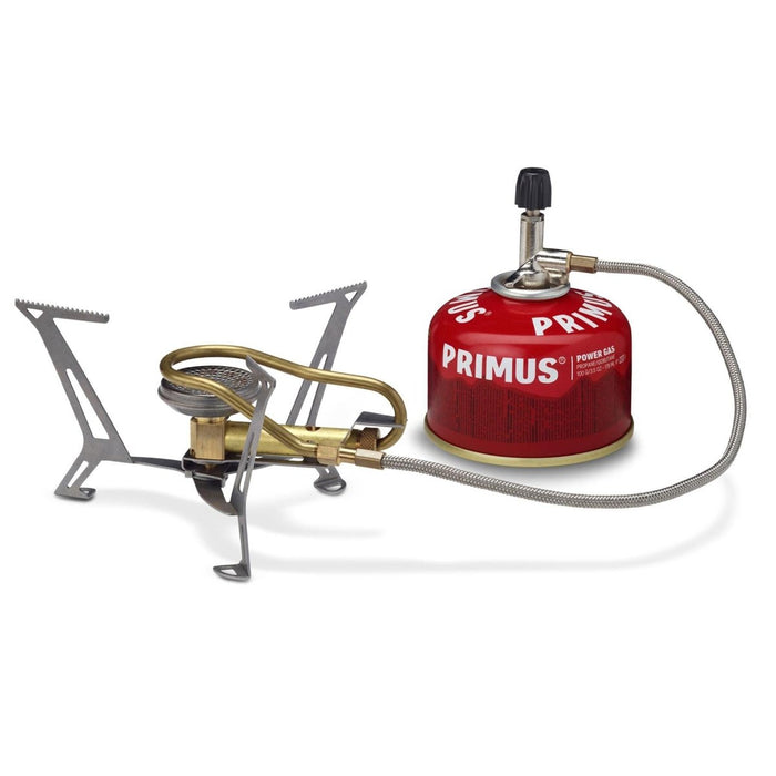 Primus Express Spider II lätt campingspis med stativ och röd gasbehållare för matlagning utomhus och vandringsturer