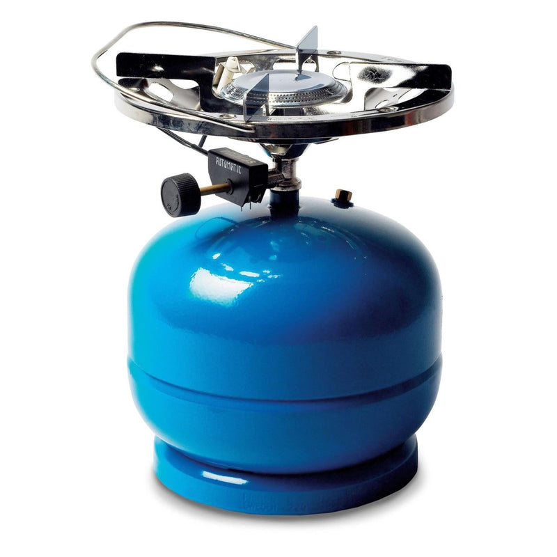 Blue propane burner camping stove with Piezo ignition and single burner for outdoor cooking and hiking.