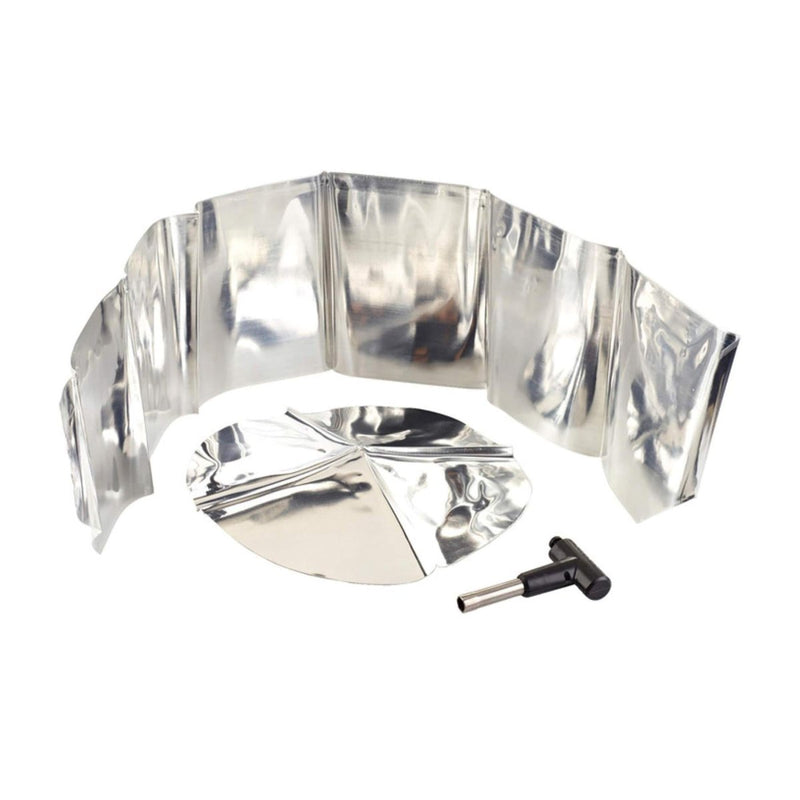Portable camping stove windscreen, heat reflector, and igniter tool for outdoor cooking with Primus Gravity III burner.