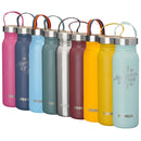 Row of colorful Primus Klunken 700ml stainless steel water bottles with cork screw tops and fabric handles for outdoor use