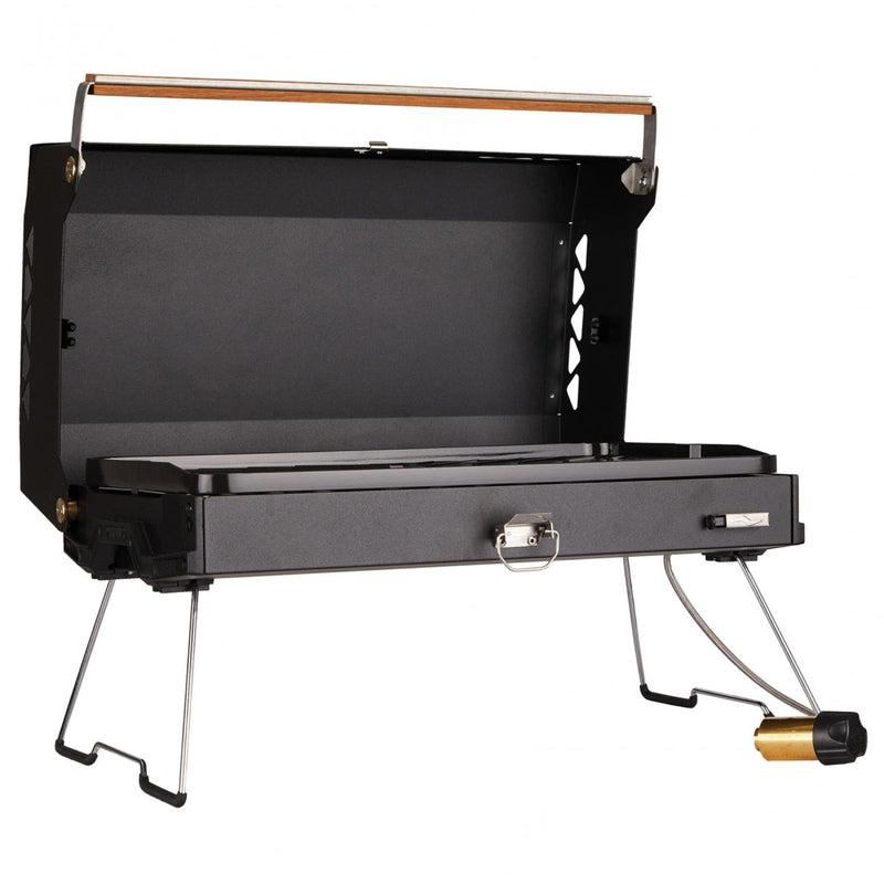 Primus Kuchoma portable gas camp grill with foldable steel legs and wooden handle for outdoor cooking and camping