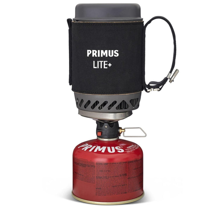 Primus Lite Plus lätt campingspis med keramikbelagd gryta och bränslebehållare för vandring och matlagning utomhus.