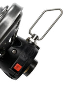 Close-up of Primus Lite Stove System burner with push-button ignition and foldable metal handle for backpacking use
