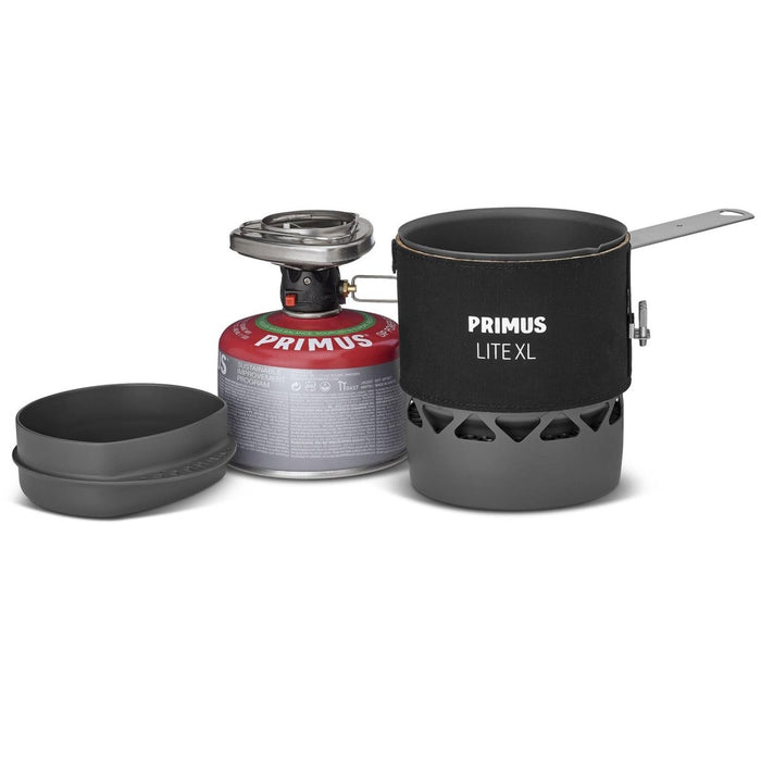 Primus Lite XL campingmatlagningsset med 1L kastrull, lätt brännare och bärbar bränslebehållare för utomhusmåltider.