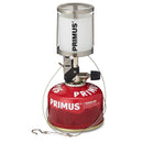 Primus Micron portable camping lantern with red gas canister, compact and adjustable brightness for hiking and backpacking.