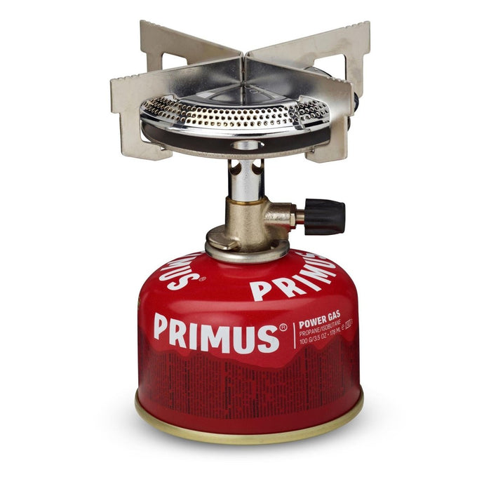 Kompakt Primus Mimer enbrännare propankamin för camping, vandring och matlagning utomhus med stabilt stöd och enkel tändning.