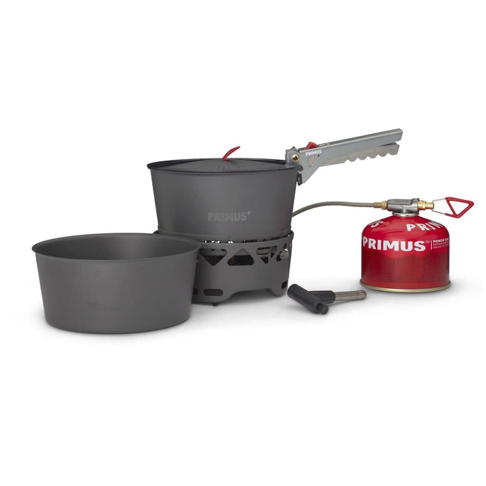 Primus PrimeTech 1.3L campingspis set med två kastruller, brännare, bränslebehållare och gryta för matlagning utomhus