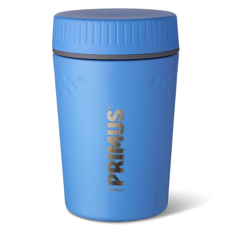 Blue Primus Trailbreak vacuum insulated jug with screw-on lid for 24-hour heat retention, ideal for camping and hiking meals.