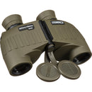 Olive green Steiner Military Marine 8x25 binoculars with rugged design and protective lens covers attached.