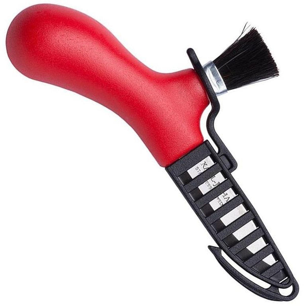 Swedish mushroom picking knife with red ergonomic handle, stainless steel blade, and real horsehair cleaning brush.
