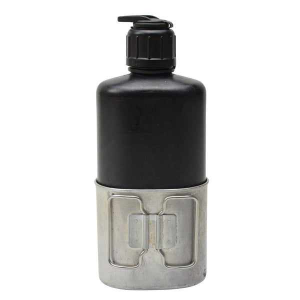 Swiss Army military canteen with black polymer flask and attached aluminum drinking cup for outdoor use.