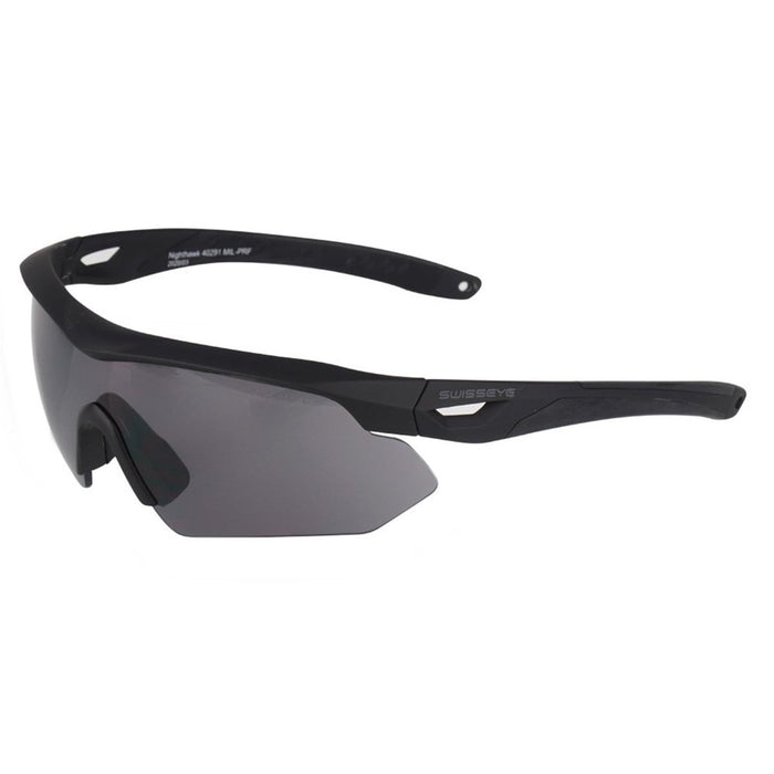 Black SWISS EYE Nighthawk tactical shooting goggles with adjustable angle and tinted protective lenses