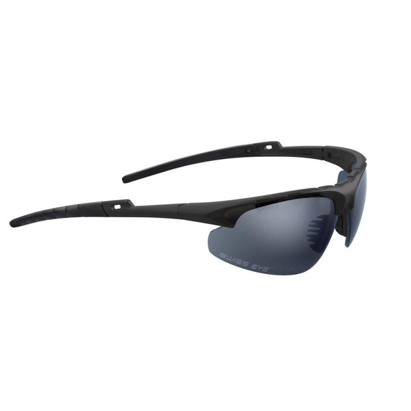 Black tactical SWISS EYE shooting protector glasses with adjustable temples and dark tinted lenses.