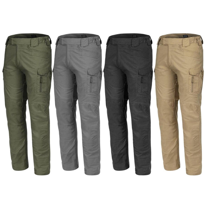 Fyra par TEXAR Elite Pro 2.0 militärklassade taktiska ripstop cargobyxor i gröna, grå, svarta och beige färger.