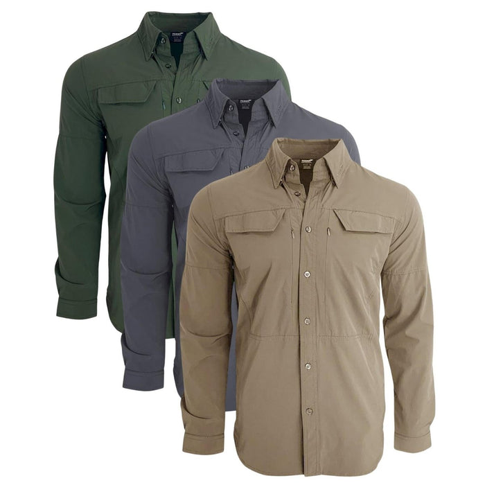 Tre TEXAR slim fit långärmade militärskjortor i grönt, grått och brunt med knappar framtill och bröstfickor.