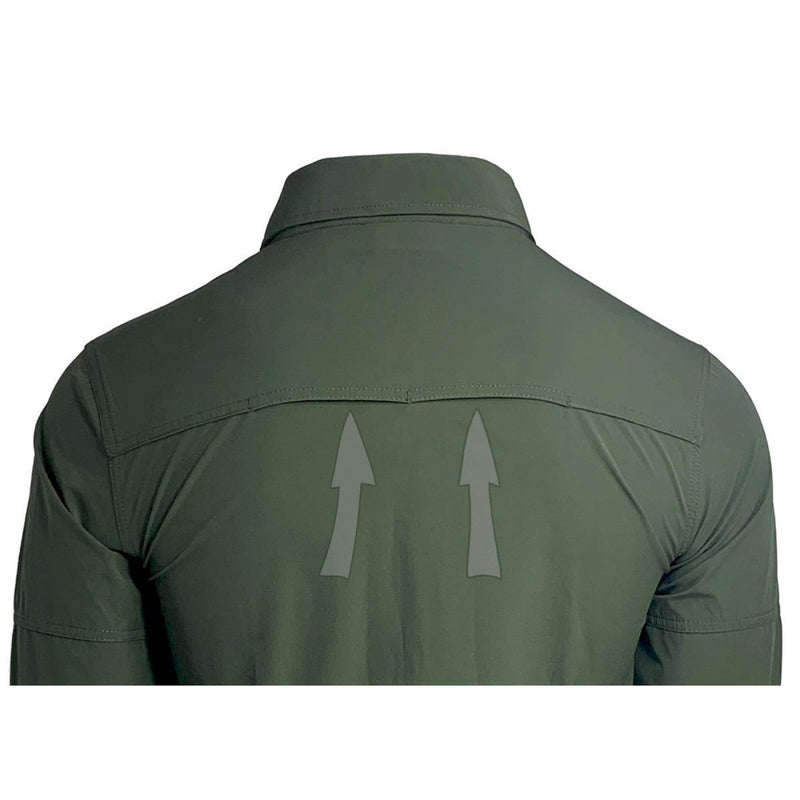 Back view of TEXAR long-sleeve slim fit military shirt showing breathable fabric design and reinforced stitching.