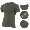 Olive green TEXAR military base layer short sleeve undershirt with breathable fabric and reinforced stitching details.