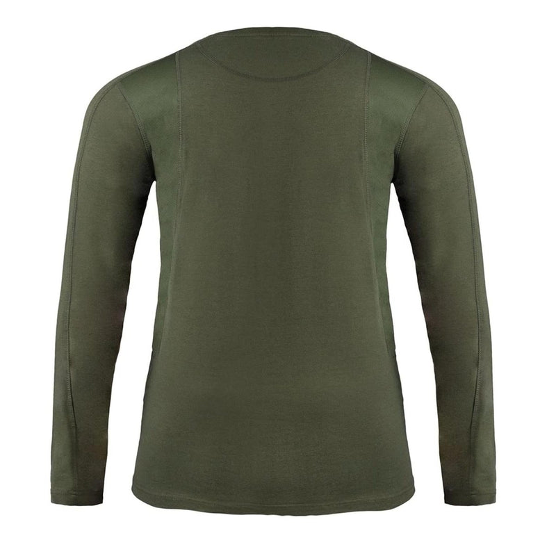 Back view of TEXAR military thermal long sleeve undershirt in olive green for cold weather use