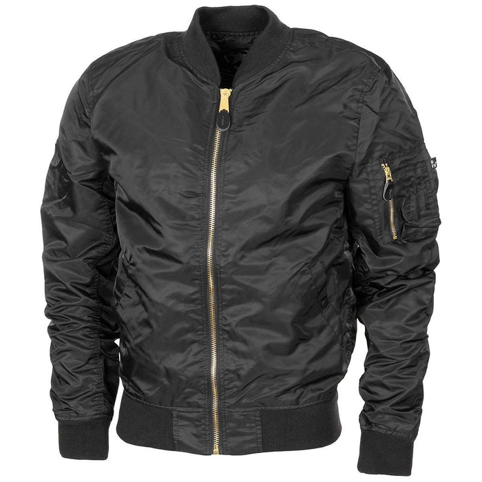 Black U.S. Air Force MA1 bomber jacket with gold zipper, ribbed cuffs, waistband, and multiple pockets for a windproof fit.