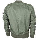 Back view of olive green U.S. military style MA1 bomber jacket with elastic cuffs and waistband, windproof design