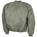 Olive U.S. military style MA1 bomber jacket with windproof, warm fabric and elasticated cuffs shown from the back.