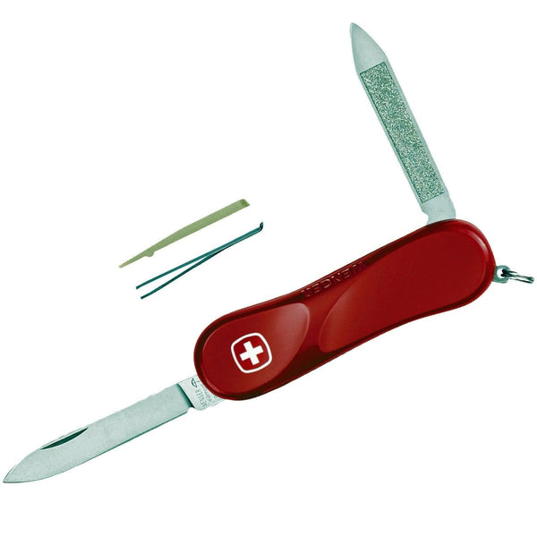 Compact red Wenger Evolution 80 Swiss folding pocket knife with stainless steel blades and small tools extended