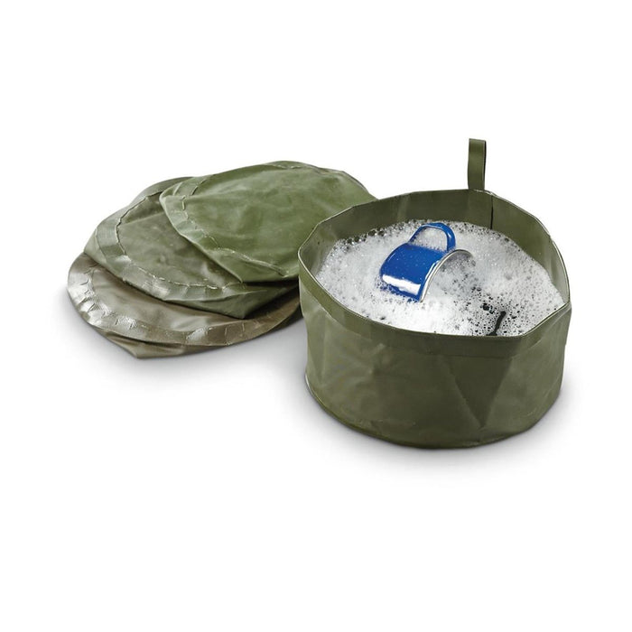 Original vintage holländsk armé tvättväska hopfällbar vattenskål lätt kompakt storlek Olive